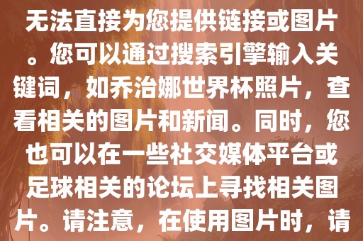 关于乔治娜的世界杯照片，我无法直接为您提供链接或图片。您可以通过搜索引擎输入关键词，如乔治娜世界杯照片，查看相关的图片和新闻。同时，您也可以在一些社交媒体平台或足球相关的论坛上寻找相关图片。请注意，在使用图片时，请遵守版权法规。眉山市正发家政服务有限公司