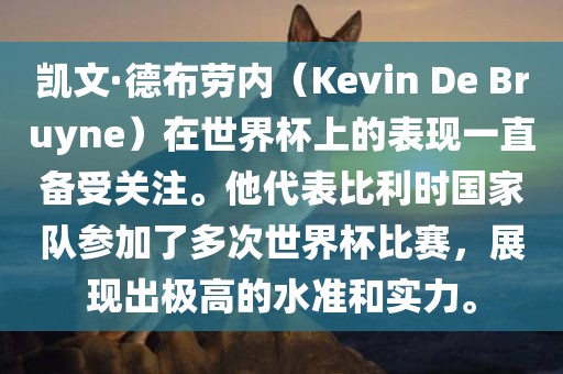 凯文·德布劳内（Kevin De Bruyne）在世界杯上的表现一直备受关注。他代表比利时国家队参加了多次世界杯比赛，展现出极高的水准和实力。眉山市正发家政服务有限公司