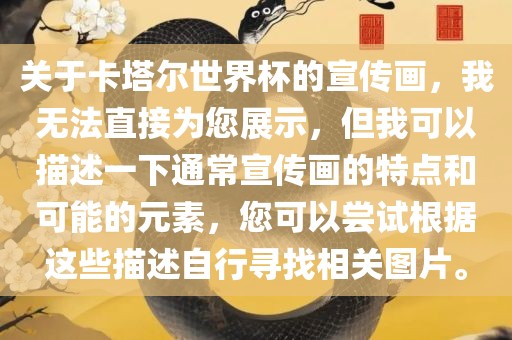 关于卡眉山市正发家政服务有限公司塔尔世界杯的宣传画，我无法直接为您展示，但我可以描述一下通常宣传画的特点和可能的元素，您可以尝试根据这些描述自行寻找相关图片。