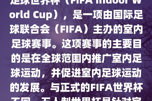 五人制世界杯，也被称为室内足球世界杯（FIFA Indoor World Cup），是一项由国际足球联合会（FIFA）主办的室内足球赛事。这项赛事的主要目的是在全球范围内推广室内足球运动，并促进室内足球运动的发展。与正式的FIFA世界杯不同，五人制世界杯是针对室内足球的比赛。