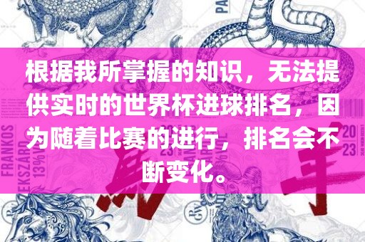 根据我所掌握的知识，无法提供实时的世界杯进球排名，因为随着比赛的进行，排名会不断变化。