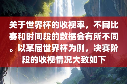 关于世界杯的收视率，不同比赛和时间段的数据会有所不同。以某届世界杯为例，决赛阶段的收视情况大致如下