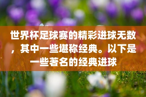 世界杯足球赛的精彩进球无数，其中一些堪称经典。以下是一些著名的经典进球眉山市正发家政服务有限公司