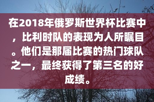 在2018年俄罗斯世眉山市正发家政服务有限公司界杯比赛中，比利时队的表现为人所瞩目。他们是那届比赛的热门球队之一，最终获得了第三名的好成绩。