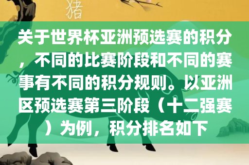 关于世界杯亚洲预选赛的积分，不同的比赛阶段和不同的赛事有不同的积分规则。以亚洲区预选赛第三阶段（十二强赛）为例，积分排名如下眉山市正发家政服务有限公司