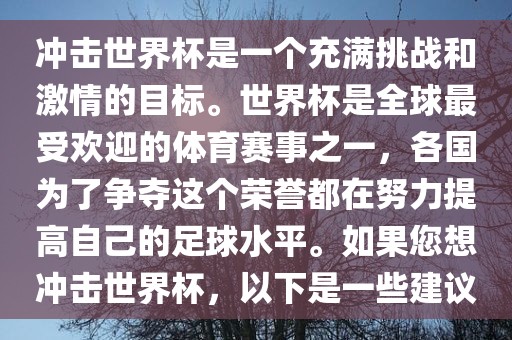 冲击世界杯是一个充满挑战和激情的目标。世界杯是全球最受欢迎的体育赛事之一，各国为了争夺眉山市正发家政服务有限公司这个荣誉都在努力提高自己的足球水平。如果您想冲击世界杯，以下是一些建议