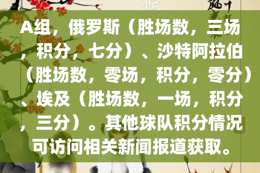 A组，俄罗斯（胜场数，三场，积分，七分）、沙特阿拉伯（胜场数，零场，积分，零分）、埃及（胜场数，一场，积分，三分）。其他球队积分情况可访问相关新闻报道获取。眉山市正发家政服务有限公司