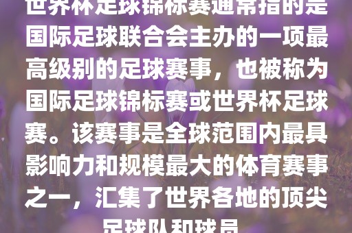 世界杯足球锦标赛通常指的是国际足球联合会主办的一项最高级别的足球赛事，也被称为国际足球锦标赛或世界杯足球赛。该赛事是全球范围内最具影响力和规模最大的体育赛事之一，汇集了世界各地的顶尖足球队和球员。
