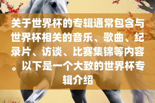 关于世界杯的专辑通常包含与世界杯相关的音乐、歌曲、纪录片、访谈、比赛集锦等内容。以下是一个大致的世界杯专辑介绍眉山市正发家政服务有限公司