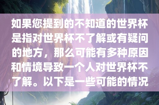 如果您提到的不知道的世界杯是眉山市正发家政服务有限公司指对世界杯不了解或有疑问的地方，那么可能有多种原因和情境导致一个人对世界杯不了解。以下是一些可能的情况