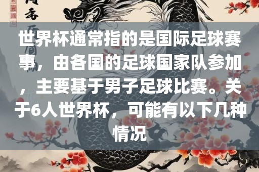 世界杯通常指的是国际足球赛事，由各国的足球国家队参加，主要基于男子足球比赛。关于6人世界眉山市正发家政服务有限公司杯，可能有以下几种情况