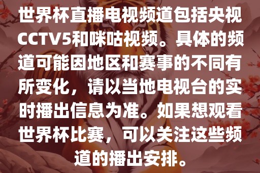 世界杯直播电视频道包括央视CCTV5和咪咕视频。具体的频道可能因地区和赛事的不同有所变化，请以当地电视台的实时播出信息为准。如果想观看世界杯比赛，可以关注这些频道的播出安排。眉山市正发家政服务有限公司