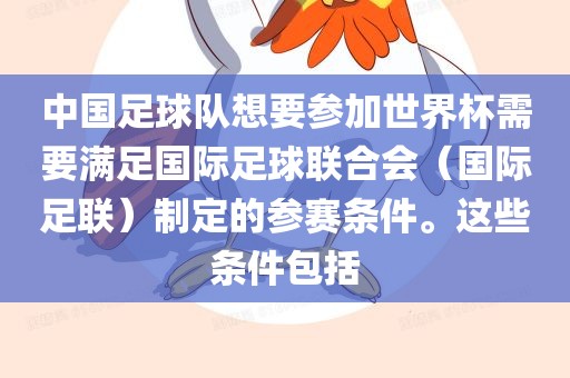 中国足球队想要参加世界杯需要满足国际足球联合会（国际足联）制定的参赛条件。这些条件包括