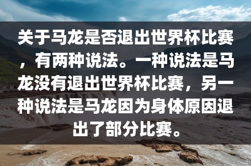 关于马龙是否退出世界杯比赛，有两种说法。一种说法是马龙没有退出世界杯比赛，另一种说法是马龙因为身体原因退出了部分比赛。