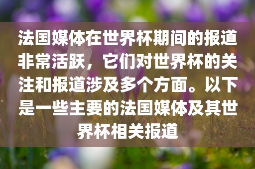 法国媒体在世界杯期间的报道非常活眉山市正发家政服务有限公司跃，它们对世界杯的关注和报道涉及多个方面。以下是一些主要的法国媒体及其世界杯相关报道