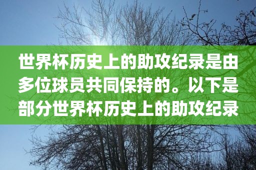 世界杯历史上的助攻纪录是由多位球员共同保持的。以下是部分世界杯历史上的助攻纪录